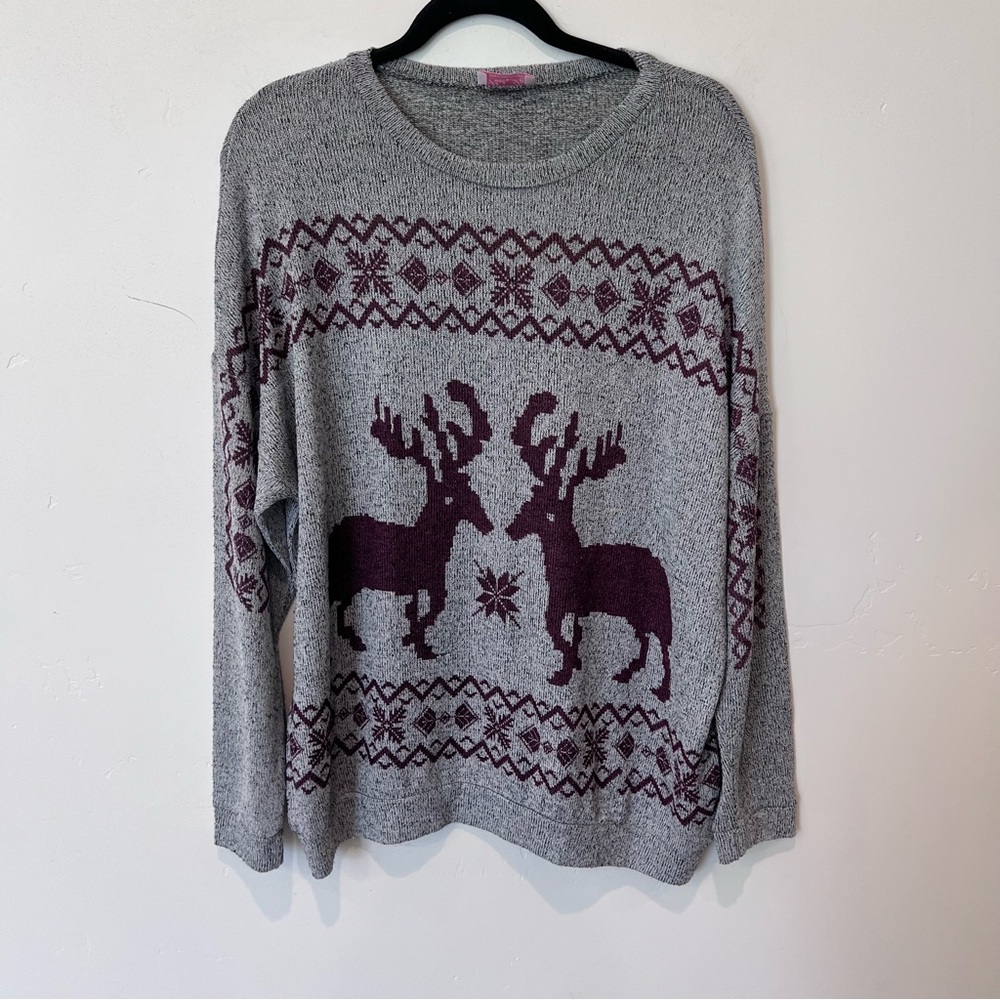 Pink Lily Gray Reindeer Pattern Christmas Sweater Size Large Cozy Novelty Winter